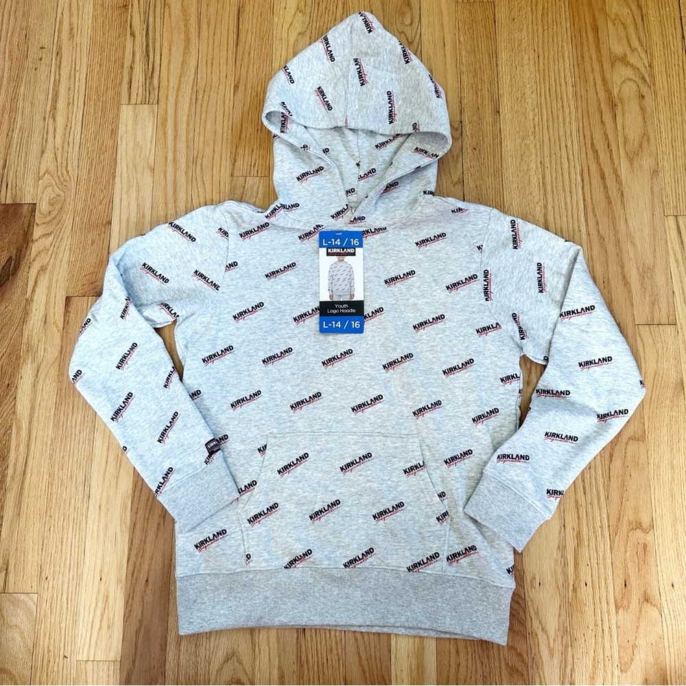 NWT Kirkland Signature Kids Light Gray Logo Hoodie Sz L 14/16